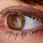 Macro shot of an Eye chart reflecting on the pupil.  Woman taking an eye exam.