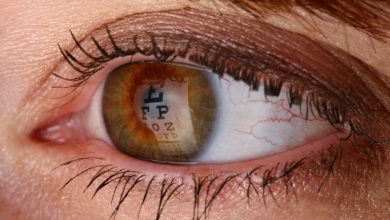 Macro shot of an Eye chart reflecting on the pupil.  Woman taking an eye exam.