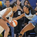 CHICAGO, IL - JUNE 27: Angel Reese #5 of the Chicago Sky guards A'ja Wilson #22 of the Las Vegas Aces during the first half on June 27,2024 at Wintrust Arena in Chicago, Illinois. (Photo by Melissa Tamez/Icon Sportswire via Getty Images)