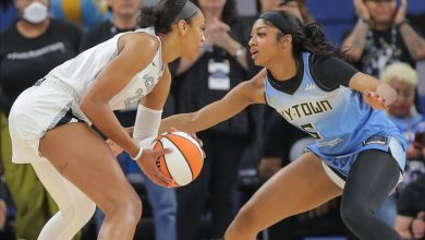 CHICAGO, IL - JUNE 27: Angel Reese #5 of the Chicago Sky guards A'ja Wilson #22 of the Las Vegas Aces during the first half on June 27,2024 at Wintrust Arena in Chicago, Illinois. (Photo by Melissa Tamez/Icon Sportswire via Getty Images)