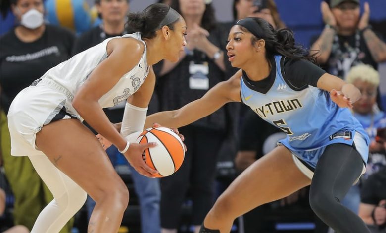 CHICAGO, IL - JUNE 27: Angel Reese #5 of the Chicago Sky guards A'ja Wilson #22 of the Las Vegas Aces during the first half on June 27,2024 at Wintrust Arena in Chicago, Illinois. (Photo by Melissa Tamez/Icon Sportswire via Getty Images)