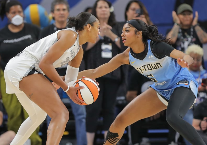 CHICAGO, IL - JUNE 27: Angel Reese #5 of the Chicago Sky guards A'ja Wilson #22 of the Las Vegas Aces during the first half on June 27,2024 at Wintrust Arena in Chicago, Illinois. (Photo by Melissa Tamez/Icon Sportswire via Getty Images)