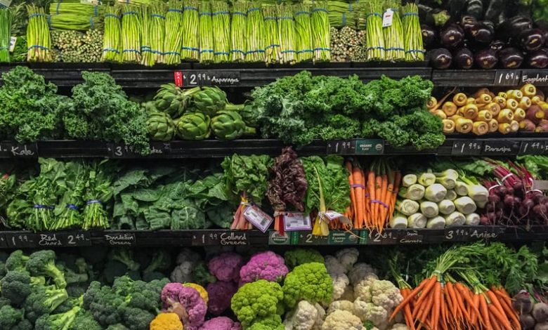 View of well ordered vegetables for sale in a supermarket