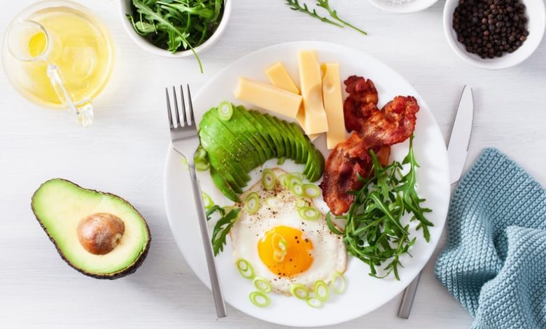 healthy keto breakfast: egg, avocado, cheese, bacon