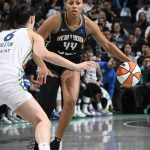 BROOKLYN, NY - OCTOBER 20: Betnijah Laney-Hamilton #44 of the New York Liberty dribbles the ball during the game against the Minnesota Lynx during Game 5 of the WNBA Finals on October 20, 2024 in Brooklyn, New York. NOTE TO USER: User expressly acknowledg