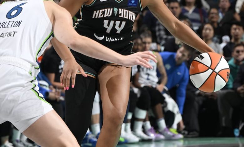 BROOKLYN, NY - OCTOBER 20: Betnijah Laney-Hamilton #44 of the New York Liberty dribbles the ball during the game against the Minnesota Lynx during Game 5 of the WNBA Finals on October 20, 2024 in Brooklyn, New York. NOTE TO USER: User expressly acknowledg