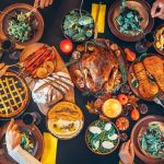 Directly above shot of table with roasted turkey on it.