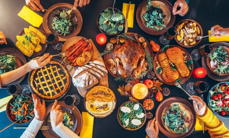 Directly above shot of table with roasted turkey on it.