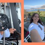 Two photos of Jessica Alexiou lifting weights and posing on a balcony.