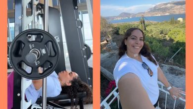 Two photos of Jessica Alexiou lifting weights and posing on a balcony.