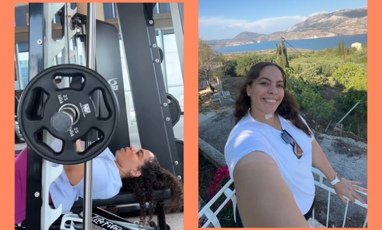 Two photos of Jessica Alexiou lifting weights and posing on a balcony.