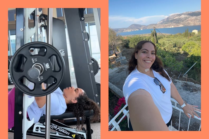 Two photos of Jessica Alexiou lifting weights and posing on a balcony.