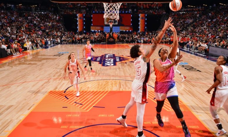 PHOENIX, AZ - JULY 20: Brionna Jones #42 of Team WNBA drives to the basket during the game against the USA Basketball Women's National Team during the 2024 WNBA All Star Game on July 20, 2024 at Footprint Center in Phoenix, Arizona. NOTE TO USER: User exp